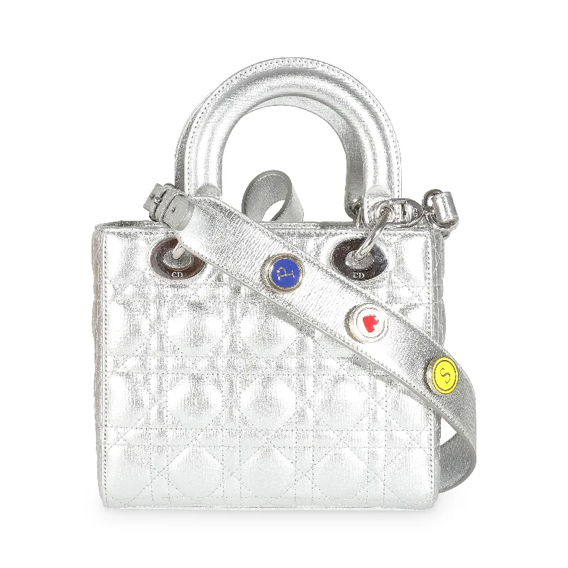 Christian Dior bags with a side - pocket for holding a water bottleCHRISTIAN DIOR Silver Metallic Grained Calfskin Cannage My ABCDior Lady Dior