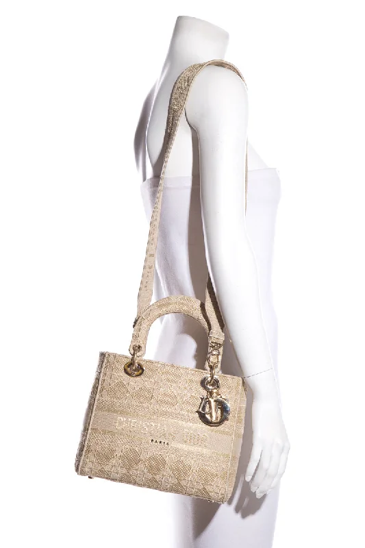 Christian Dior tote bags with a printed Dior logo on the frontChristian Dior Tan & Gold Lady Dior Knit Handbag