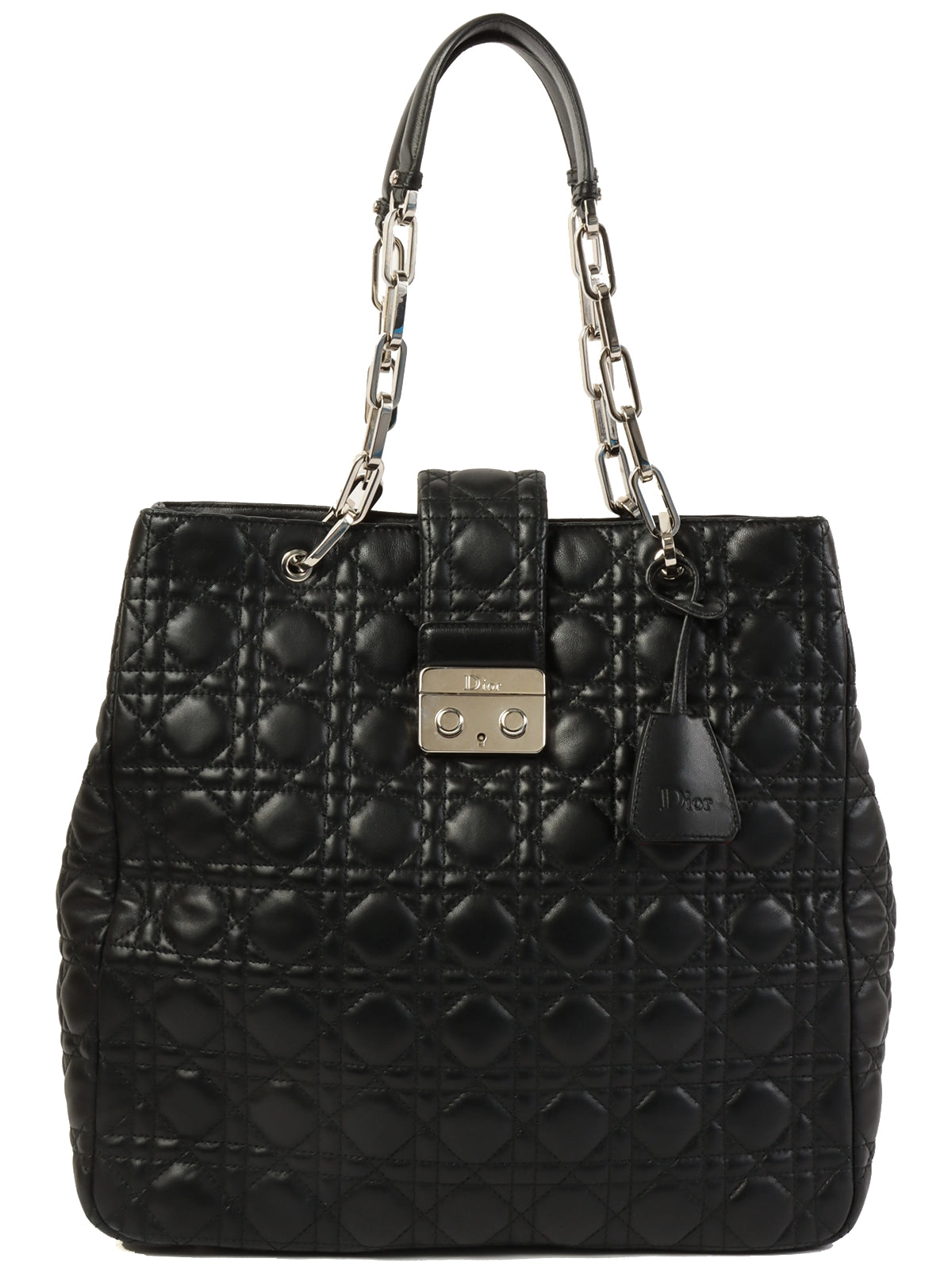 Christian Dior bags with a quilted pattern and gold - toned hardwareDIOR Cannage Stitch Logo Plate Chain Tote Bag Black